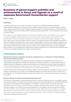 Summary of parent-support activities and achievements in Kenya and Uganda as a result of Japanese Government Humanitarian support